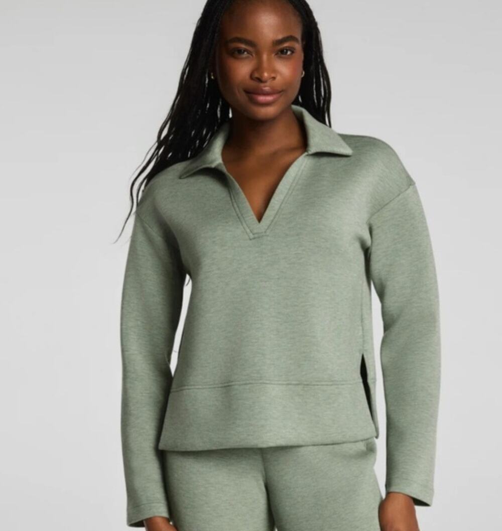 Spanx Air Essentials Long Sleeve Polo Top Pullover NWT Sz L Sage Brush Heathered